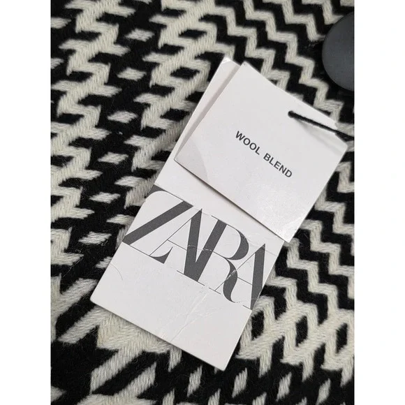 Zara Coat Womens Small Black White Houndstooth Wool Blend Long Tweed Overcoat - Picture 2 of 15